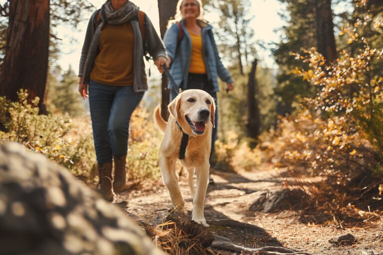 Familie beim wandern mit dem Hund im Wald