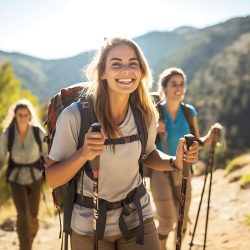 Freunde beim Wandern in den Bergen - fröhlich